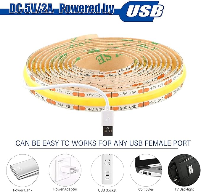 dephen 4.9ft Dimmable LED Strip Lights, 5v Warm White Dotless COB String, Flexible and Cuttable Rope Lighting, Self Adhesive Tape for TV Backlight, Bedroom, Cabinet, Kitchen, DIY