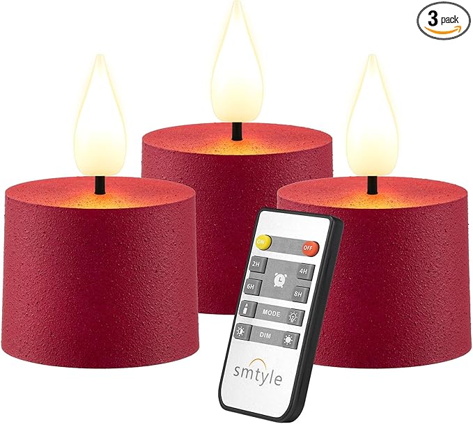 smtyle Vintage Red Tea Lights Candles Battery Operated 500 Hours of Warm Christmas Glow with CR2477 Batteries and Remote Flickering Fake Votive LED Set of 3 Table Decorations