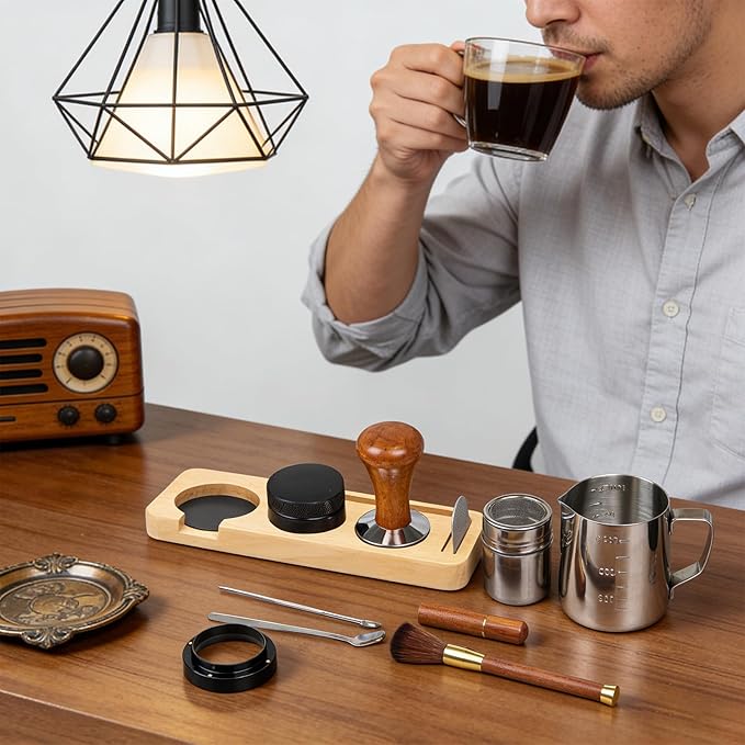 28PCS Espresso Accessories Kit,58mm Espresso Tamper Tools,Includes Wood Station,Distributor,Stirrer,Dosing Funnel,Brush,Puck Screen,Frothing Pitcher,Latte Pen,Powder Ring,Towel,Decorative Stencils
