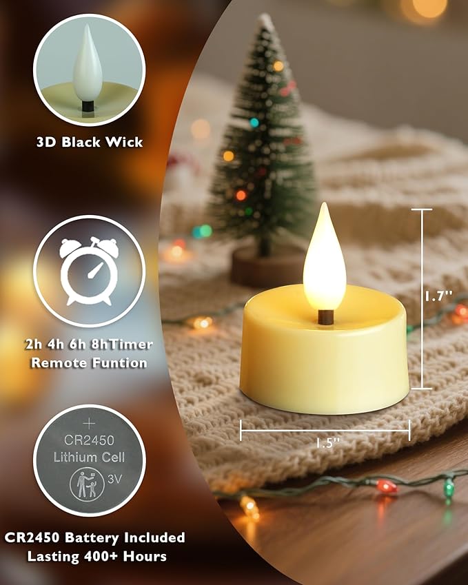 Amagic Flameless Timer Remote Tealights Candles, 3D Black Wick Flickering Tea Lights, 400+Hour Ivory Votive Candles Battery Operated, Set of 24 for Wedding Table Decor, Halloween, Christmas, Holiday