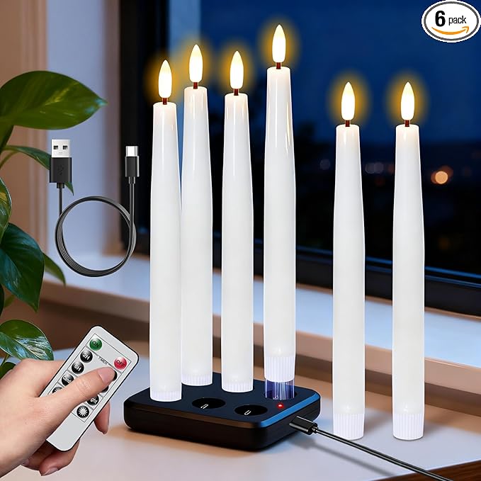 Wondise Rechargeable Flameless Taper Candles, Battery Operated Candles with Remote&Timer, Real Wax LED Candlesticks 3D Wick Flickering for Home Wedding Christmas Decor