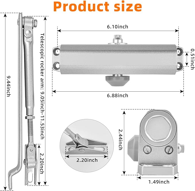 Closer Heavy Duty Automatic Door Closer (Silver Aluminum), Spring Loaded Hydraulic Automatic Door Closer with Adjustable Closing Speed and Force for Interior, Exterior Doors (Silver)