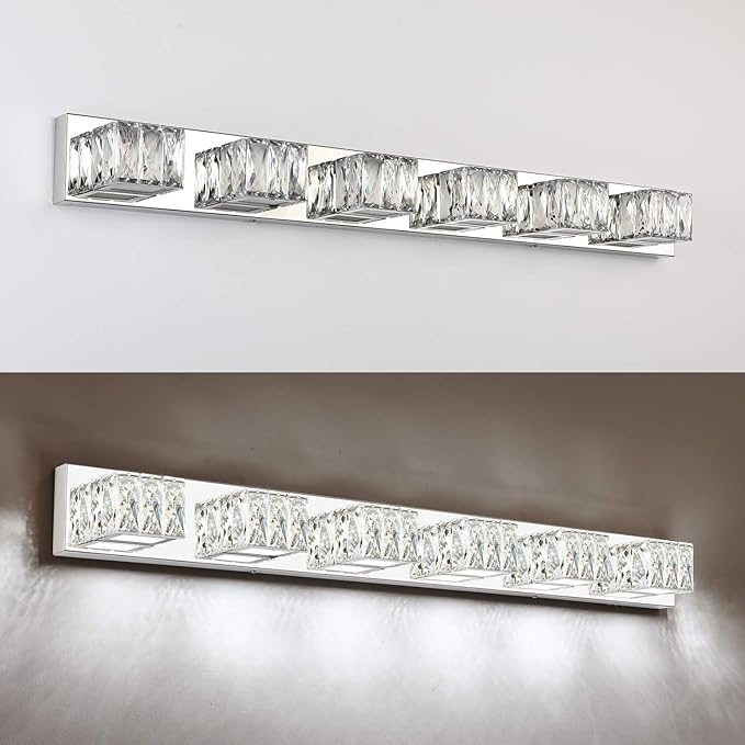ZUZITO 6-Light Bathroom Vanity Lights - LED Chrome Bathroom Lighting Fixtures Over Mirror - 36W Modern Vanity Lights for Bath Wall - Crystal Vanity Light Bar Cool White Light