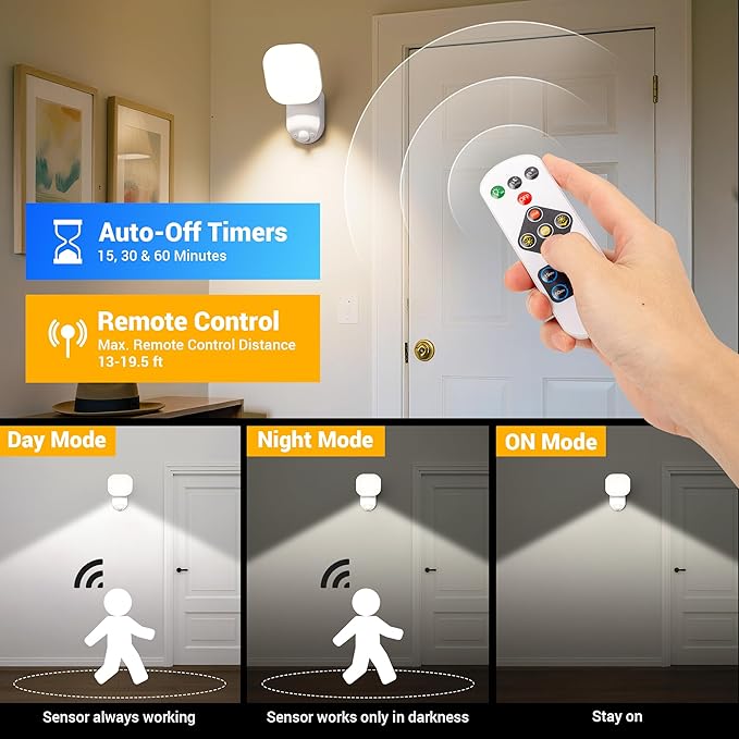 Closet Lights Battery Operated, Rechargeable Wall Lights, Motion Sensor Light Indoor LED Lamp with Remote, Magnetic Wireless 3Color Temperatures & Dimmable Light for Closet Porch Stairs Hallway Garage