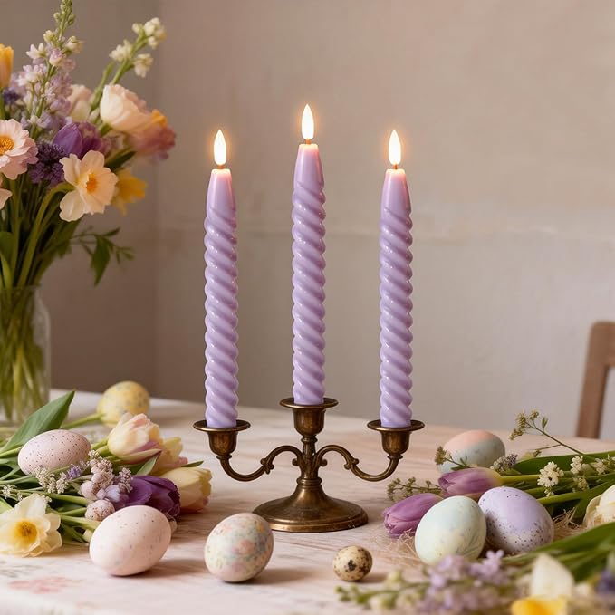 Easter Flameless Taper Candles Flickering with Remote Timer, Gentle Lavender Battery Operated Real Wax LED Spiral Candles for Home Wedding Spring Easter Decoration(0.78 X 9.8 Inchs)