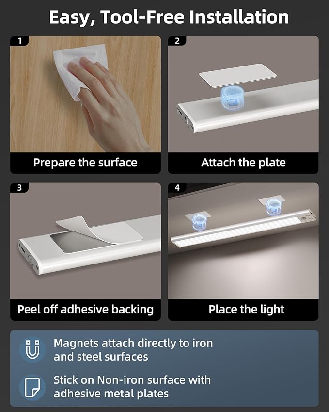 14.5inch Under Cabinet Lights, Wireless Closet Light, Motion Sensor, 3500mAh Rechargeable Battery, Magnetic, 3 Color Temps, 5 Levels Dimmable, Under Counter Lights for Kitchen (2 Pack)