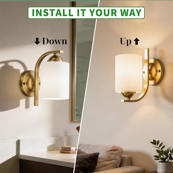 2-Pack Wall Sconces for Bedroom and Bathroom, Gold Farmhouse Wall Light Fixtures with Glass Shade, Modern Vanity Wall Lamps for Living Room, Hallway, Kitchen