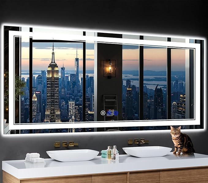 72"x32" LED Bathroom Mirror with Anti-Fog, Stepless Dimmable Lights, 3 Color Modes, Shatter-Proof Tempered Glass,Waterproof Design