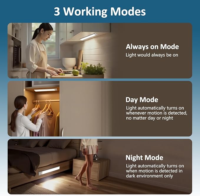 Ascher 15.2inch Under Cabinet Lights, 3000mAh Rechargeable Motion Sensor Light indoor, 3 Color Temperatures & Stepless Dimmable Closet Lights, Magnetic Under Counter Light for Kitchen, Silver - 2 Pack