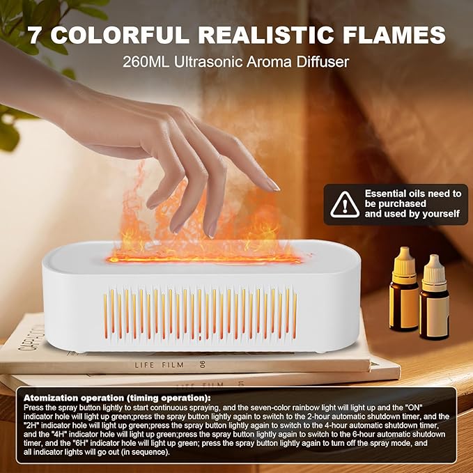 Volcano Humidifier Flame Fire Diffuser: 260ml Super Quiet Essential Oil Diffuser 7 Colors Changed Flame Light Spray Aromatherapy Humidifier 2/4/6H Timer Auto Shut Off for Bedroom,Gift (White)