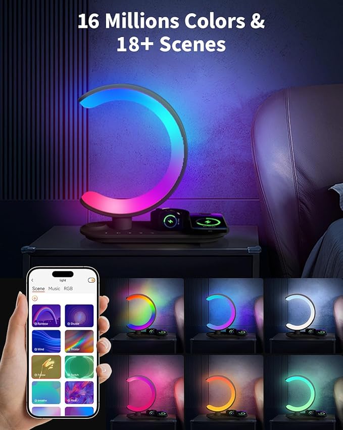 4 in 1 Bluetooth Speaker Night Light with Wireless Charger, Atmosphere Lamp with 24 Soothing Sounds, 16M+ Colors & App Control, Smart Light Sound Machine for Bedroom Home Decor (Grey)