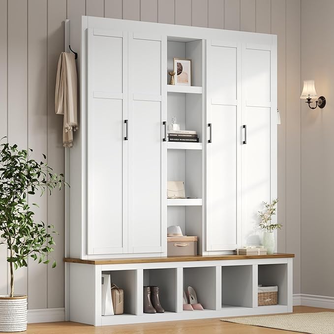 Merax Modern Farmhouse Hall Tree with Bench, 4-in-1 Entryway Storage Cabinet & Shoe Organizer with Hooks, White