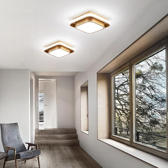 Hallway Light Modern LED Ceiling Light Fixture Square 6000K Close to Ceiling Light Gold Flush Mount Ceiling Lights for Kitchen Bedroom Balcony Bathroom