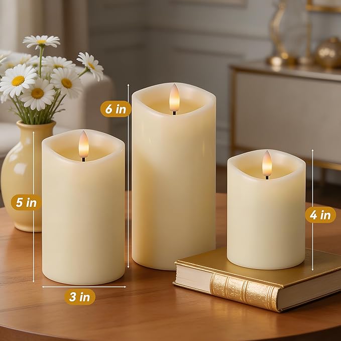 Rechargeable Flickering Flameless Candles Melted Edge Battery Operated with Remote and Timer, Real Wax LED USB Type-C Pillar Candles, Set of 3 (3" x 4",5",6"), Ivory,Spring Home Decor