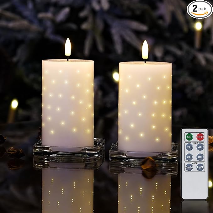 Rhytsing 5 inches White Real Wax LED Candles with Twinkle Fiber Optic Lights, Battery Operated Decorative Candles for Christmas Table Centerpieces, Batteries and Remote Included - Set of 2