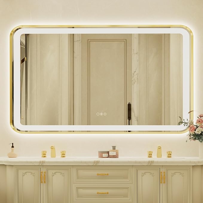 32x55 Inch LED Bathroom Mirror with Gold Frame,Front and Backlit Vanity Mirror,Tempered Glass,Stepless Dimmable Wall Mirrors with Anti-Fog, 3 Colors, Memory, Waterproof, LED Smart Bathroom Mirror