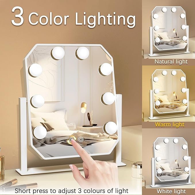 Hollywood Vanity Mirror with Lights, 3 Color Modes LED Bulbs, 5X Detachable Magnifying Mirror, Smart Touch Control, Tabletop Makeup Mirror for Bedroom & Dressing Room, for Her (White)