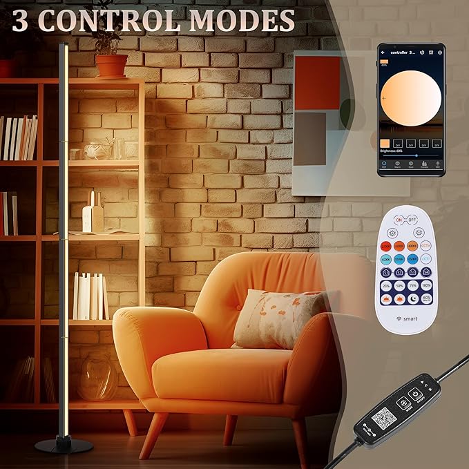 PMS 63" Floor Lamp, 24W Stepless Dimmable Brightness Corner Lamp,Warm to White Color Changing Metal Standing Lamp with APP & Remote Control for Living Room, Bedroom Decorated