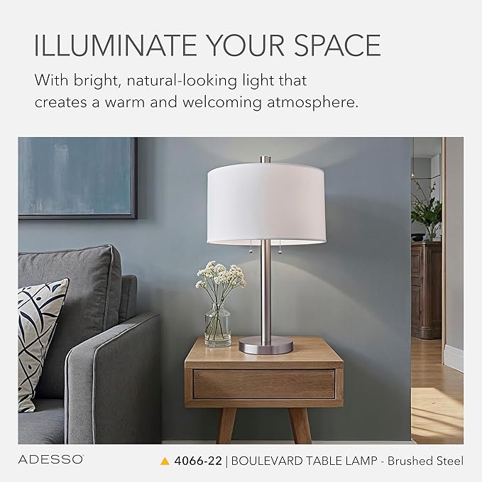 Adesso Brushed Steel Table Lamp with White Fabric Shade – Dual Socket Pull Chain Accent Light for Bedroom, Living Room, or Home Office, 28” Tall