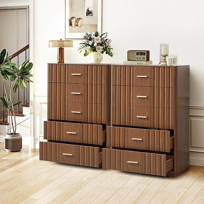 Fluted 5 Drawers Dresser for Bedroom, Wooden Tall Storage Dresser TV Stand, Curved Profile Modern Chest of Drawers, Wood Closet Clothes Storage Organizer for Living Room Hallway,Walnut 2 Sets