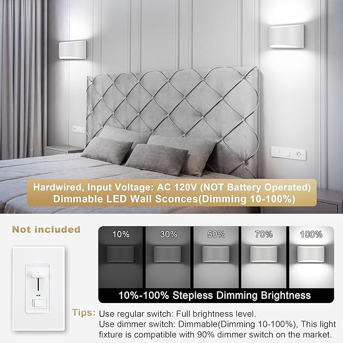 TRLIFE Dimmable Wall Sconces, 3000K/4000K/6000K Selectable Modern Wall Sconce 12W LED Aluminum Wall Mounted Light Set of 2 Hardwired Wall Lights for Bedroom Bedside Living Room Stairway (White, 2P)