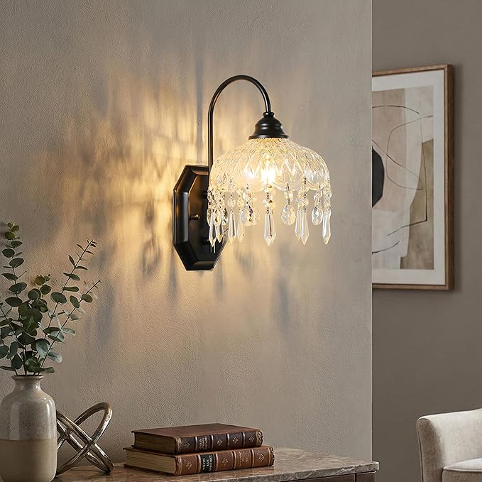 2-Pack Vintage Glass Crystal Wall Sconce, Matte Brushed Antique Black Finish, for Bedroom Bathroom Hallway Living Room