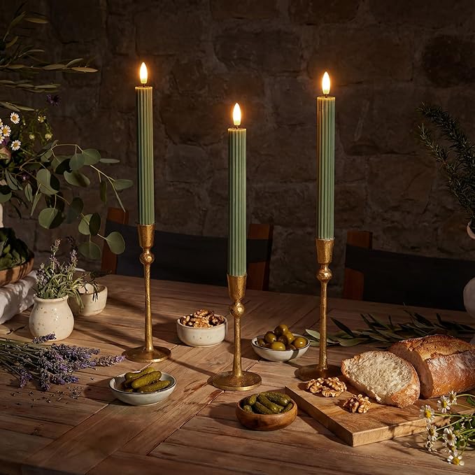 WYZworks 10" Fluted Ribbed LED Loden Green Grooved Pillar Candles, Remote & 24h Timer Memory, On/Off Switch - Flameless Dimmable Battery Operated w/Flicker Mode, Home Wedding Decor (6 Pack)
