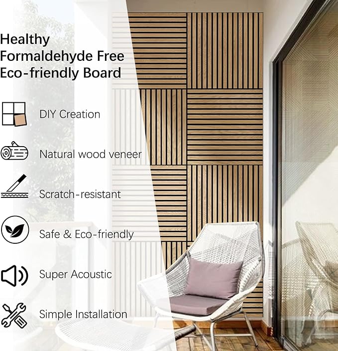 Acoustic Wood Panels for Wall 4-Pack - Natural Oak Veneer Soundproof Panels for Home & Office, 23.6" Wood Wall Panels with Noise Reduction (23.6" W x 23.6" L)