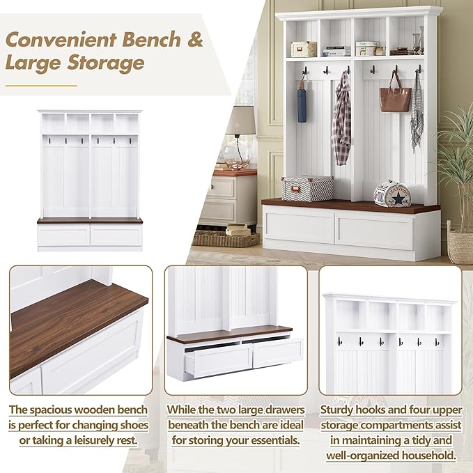 LUMISOL Farmhouse Hall Tree with Storage Bench for Entryway, 4-in-1 Hallway Coat Rack with 6 Hanging Hooks, Shoe Cabinet with Open Compartments and 2 Large Drawer, for Mudroom, White