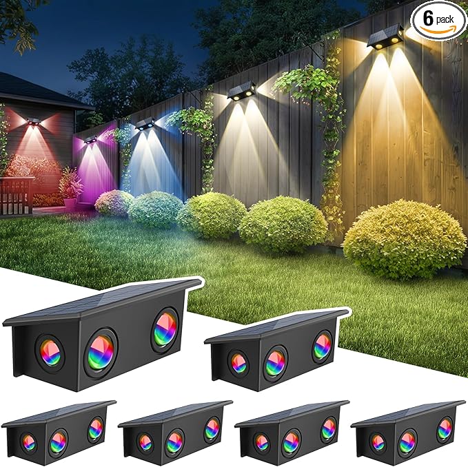 T-SUN Solar Fence Lights Outdoor, 7 Fixed Colors and Color Changing Fence Lights Solar Powered, IP65 Waterproof LED Dusk to Dawn Deck Light for Porch Backyard Wall Step Patio Railing Pool (6 Pack)