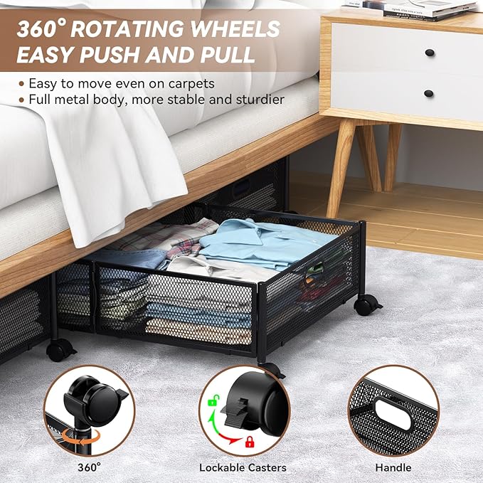 PHINOX Under Bed Storage with wheels, Under the Bed Storage Containers,Upgrade Crossed Iron Wire, Metal Rolling Underbed Storage Containers for Bedroom Clothes Shoes Blankets-2 Pack,Black