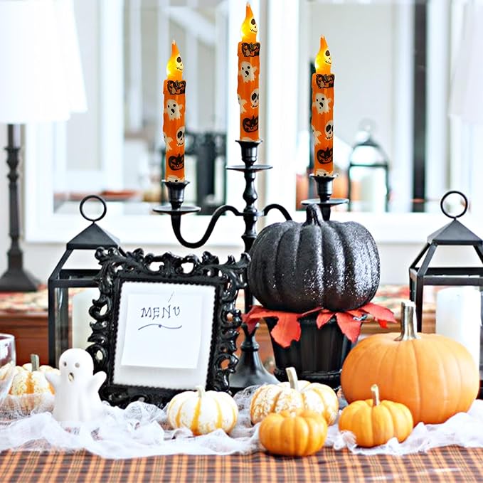 Halloween Candlesticks Flameless Taper Candle, 4pcs Printed LED Tapered Candles Remote Dipped Candle 6inch Battery Chandelier for Enchanting Weddings and Harry Potter Inspired Vigils(Hall)