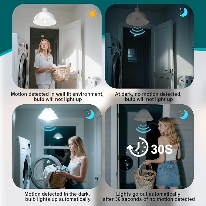 4-Pack Motion Sensor Light Bulbs, 12W(100W Equivalent), Movement Security LED Bulb(Energy Efficient) Indoor/Outdoor, Motion Activated Dusk to Dawn Bulb for Porch, Garage, Basement, Hallway, Stairs
