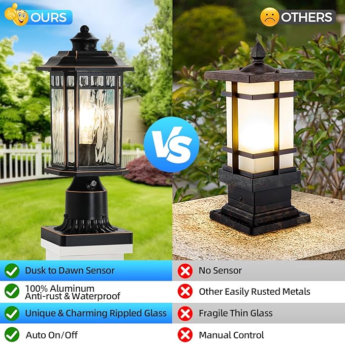 DASTOR 2 Pack Dusk to Dawn Outdoor Post Lights, Outdoor Lamp Post Light with Pier Mount Base, Waterproof Aluminum Post Outdoor Lighting for Garden Patio Pathway