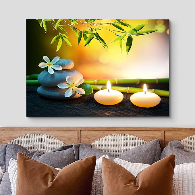 wall26 Canvas Print Wall Art White Daisy Relaxation Massage Stone Candles Nature Wilderness Photography Realism Rustic Landscape Colorful Multicolor for Living Room, Bedroom, Bathroom - 12"x18"