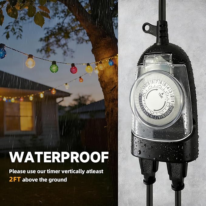 EP 24 Hour Mechanical Outdoor Timer Outlet, 6ft Outdoor Timer for Lights, Waterproof, 2 Grounded Outlets, 15A 1/2HP, Heavy Duty, ETL Listed