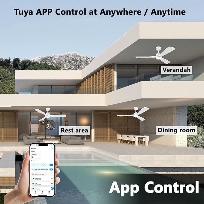 52 Inch Wood Smart Ceiling Fans with Lights Remote,Voice Control via WIFI Alexa App,Quiet DC Motor,Outdoor Indoor Ceiling Fan,Dimmable,Modern White Lighting & Ceiling Fan for Bedroom Patio Porch