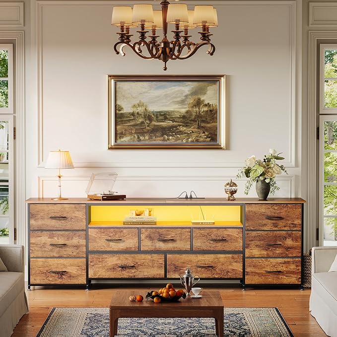 Huuger 70 Inch TV Stand for 75, 80 Inch TV, 11 Drawer Long Dresser with Power Outlets and LED Lights, Entertainment Center with Storage, Rustic Brown Dresser with Printed Surface, 1TS011F