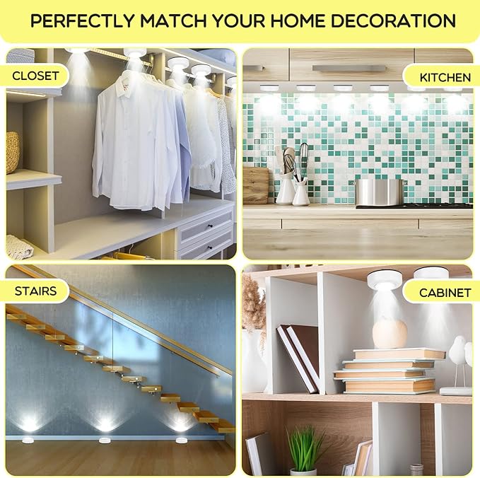 Macarrie 12 Pack Wireless LED Puck Lights, Under Cabinet Lighting, 70 Lumens Portable Touch Light, Stick on Battery Powered, for Kitchen Closets Cabinets Garage Bedroom Shelf(Classic Style)