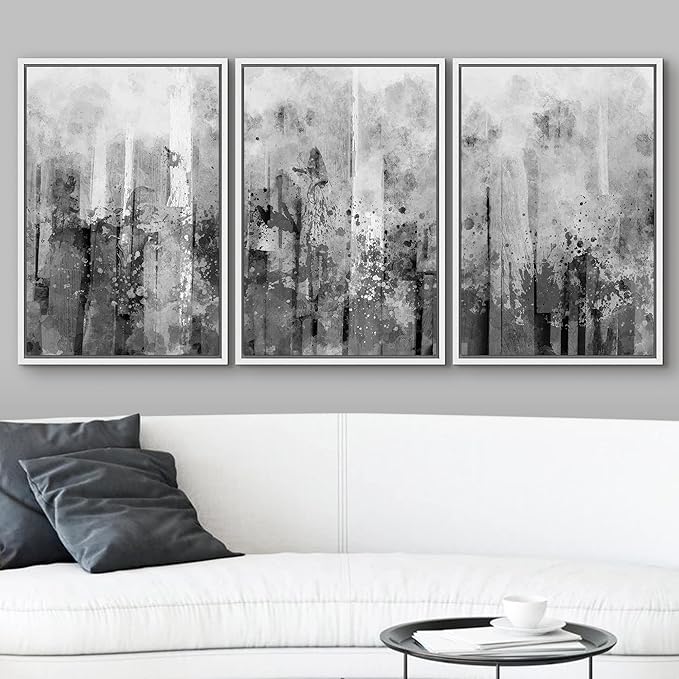 wall26 Framed Canvas Print Wall Art Set Black & White Paint Splatter Display Abstract Shapes Illustrations Modern Art Minimalist Dramatic Grey Dark for Living Room, Bedroom, Office - 24"x36"x3 White