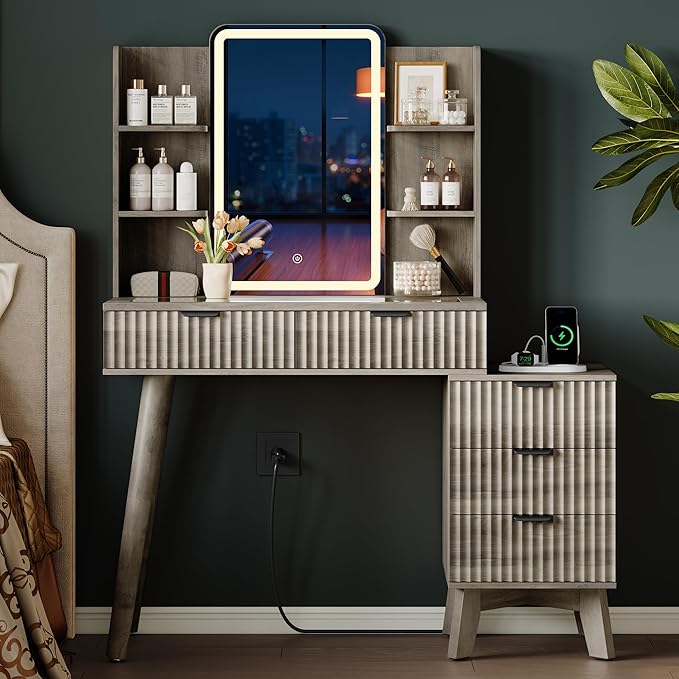 Fluted Vanity Desk with Mirror and Lights, 31.5" Glass Top Makeup Table Set with 5 Drawers, Power Outlet & Storage Cabinet, Large Dressing Table with RGB Ambient Light for Bedroom Women Girls, Grey