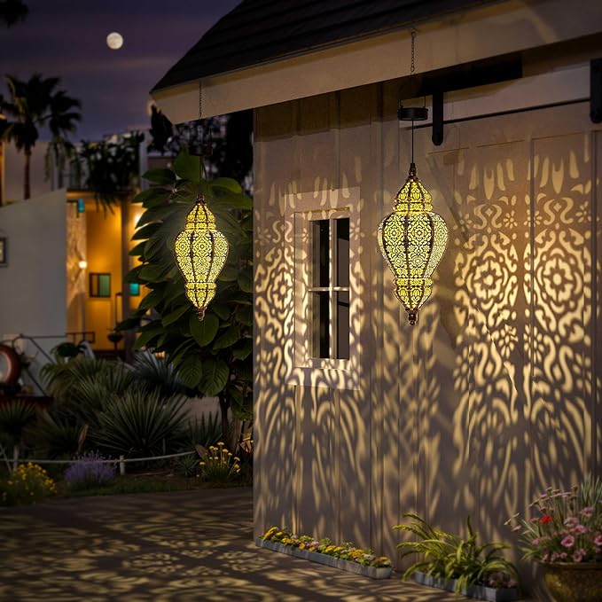 Moroccan Hanging Solar Lights Outdoor Lantern Bidirectional Availabili Garden Decor Waterproof Plastic Gold Decorations for Patio Pathway Yard Backyard Solar Powered Garden Decorative (2, gold)