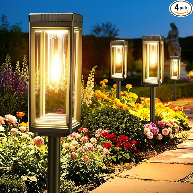 WdtPro Bright Solar Pathway Lights Outdoor, 4 Pack Solar Powered Garden Lights Waterproof, Auto On/Off Outdoor Lighting for Lawn Patio Walkway Driveway Path Yard Decor