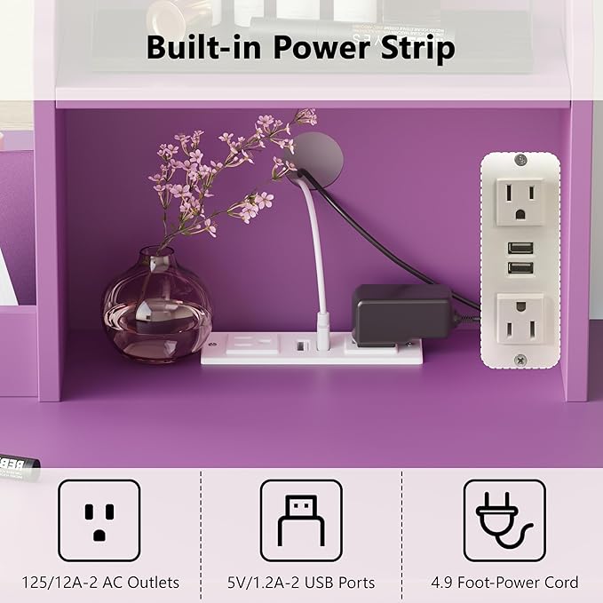 Vanity Desk with Mirror and Lights & Power Outlet, Makeup Vanity Set with Chair & RGB Ambient Light, Girls Vanity Dressing Table with 3 Lighting Modes & Adjustable Brightness for Bedroom, Purple
