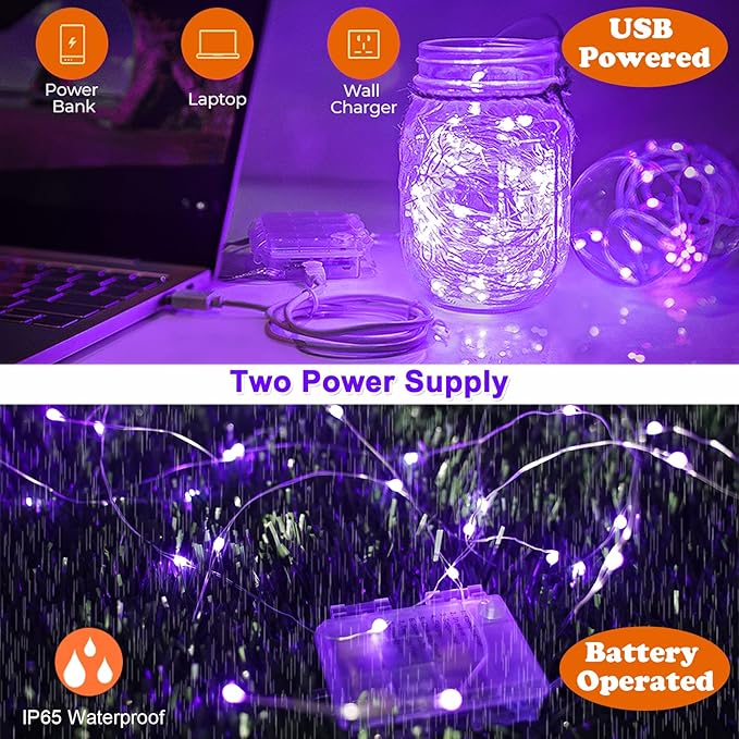 Battery Operated LED UV Black Lights, 33FT 100 Units 2835 LED UV Lamp Beads 8 Modes Flexible Blacklight Fixtures Fairy String Lights with Remote for Fluorescent Party Stage Body Paint Halloween Décor