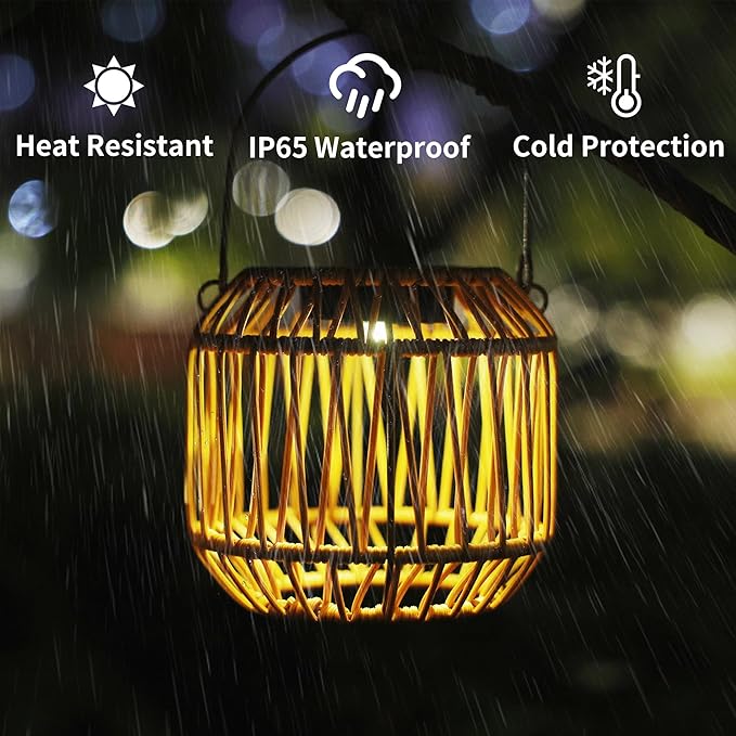 Solar Outdoor Rattan Lanterns, Decorative Hanging Lights for Patio Garden Backyard（Two Pack）(Style 1)