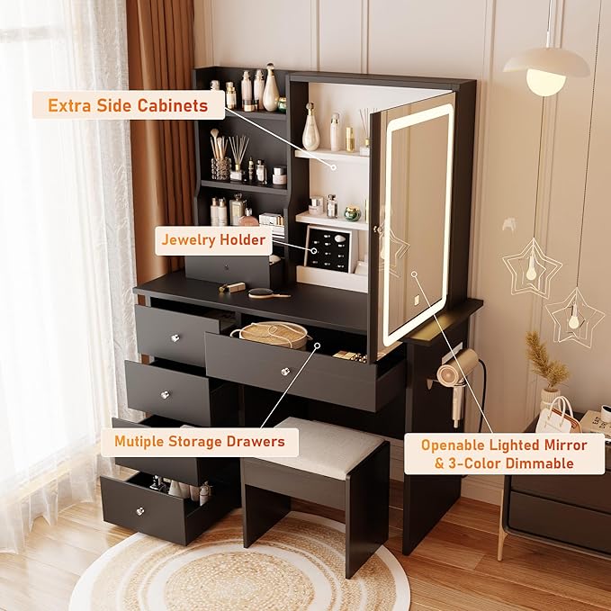 DYHOME Makeup Vanity Desk with LED Lights Mirror 3 Adjustable Modes and Power Outlets, Vanity Table with 6 Drawers Dresser and Bench, Makeup Desk for Bedroom Dressing Room, Black