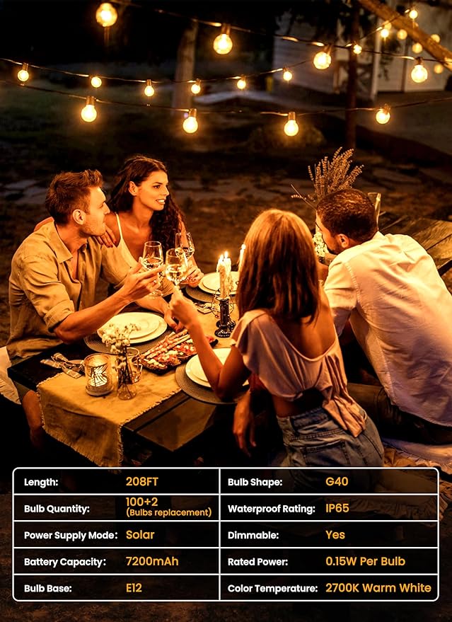 Brightown 208FT Solar String Lights Outdoor with Remote and 102 LED Shatterproof Bulbs, Dimmable & Timable, 3 Light Modes, Solar Patio String Lights Outdoor for Cafe, Garden, Deck, Outside Wedding