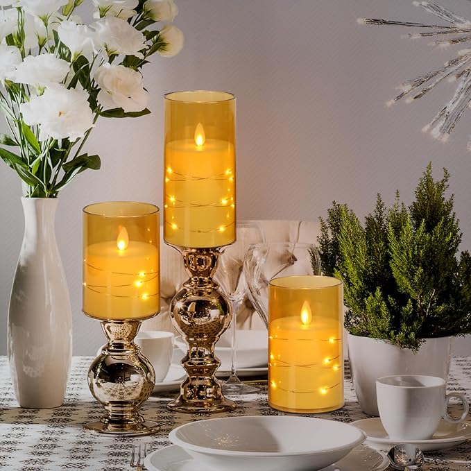 Wondise Flameless Flickering Candles with Embedded Star String Lights, Battery Operated with Moving Wick Acrylic LED Candles with Remote for Home, Wedding, Halloween, Christmas Decor(Gold)