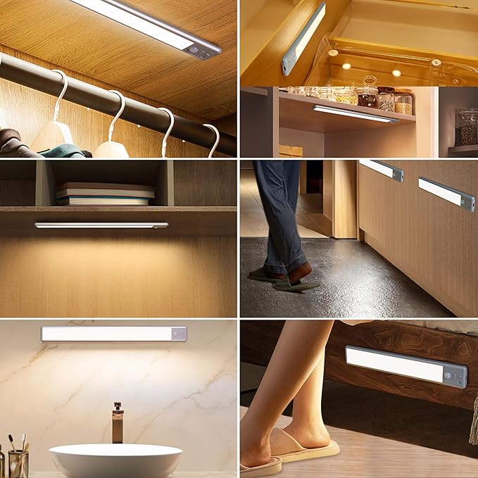 BLS 14.8inch Under Cabinet Lighting, 63 LED Closet Lights, 2500mAh USB C Rechargeable Under Cabinet Lights, Battery Operated Lights, Motion Sensor Light Indoor, Magnetic Night Light for Kitchen 2 Pack